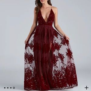 Burgundy formal flocked velvet dress